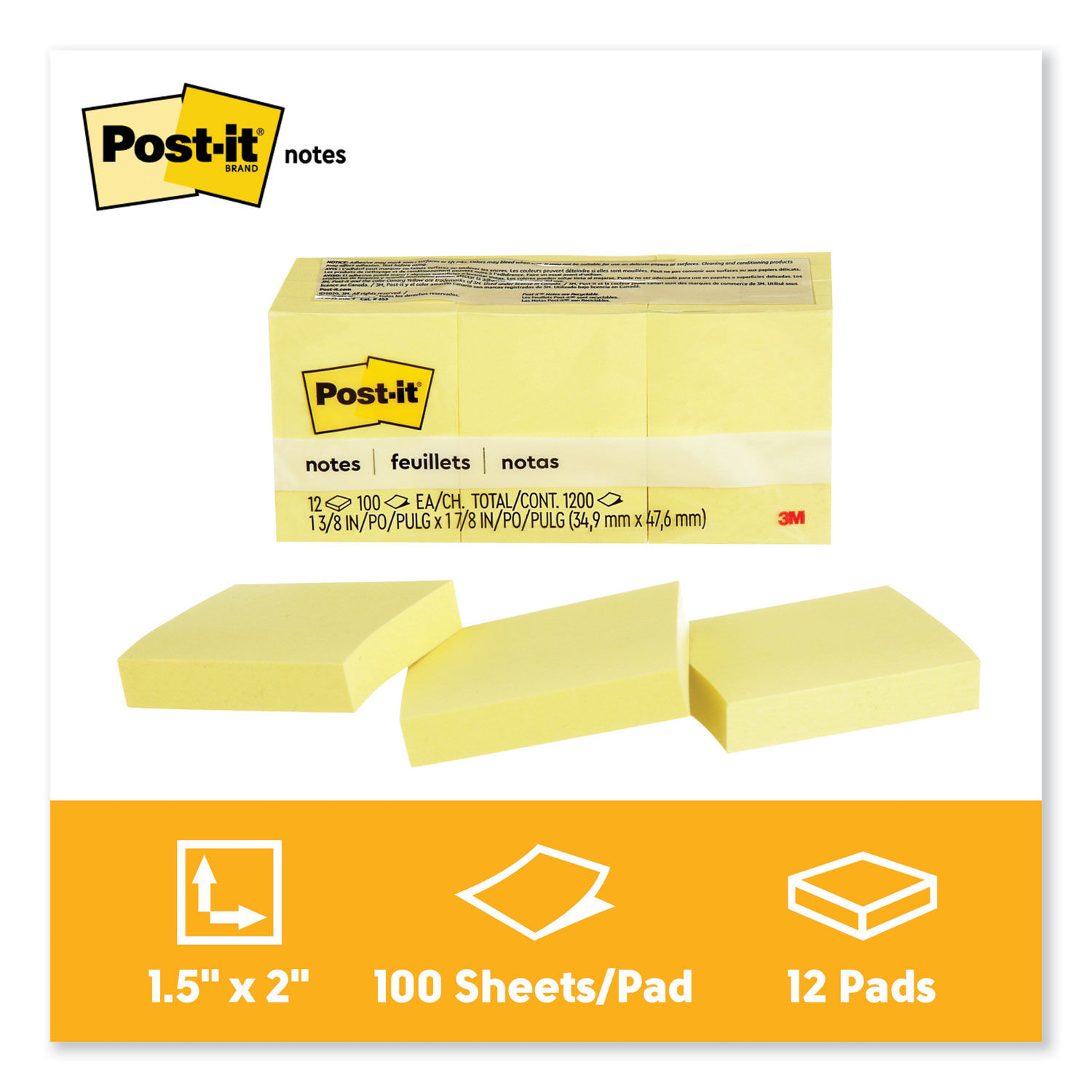 Post it Notes 3 in x 3 in 18 Pads 100 SheetsPad Clean Removal Canary Yellow  - Office Depot