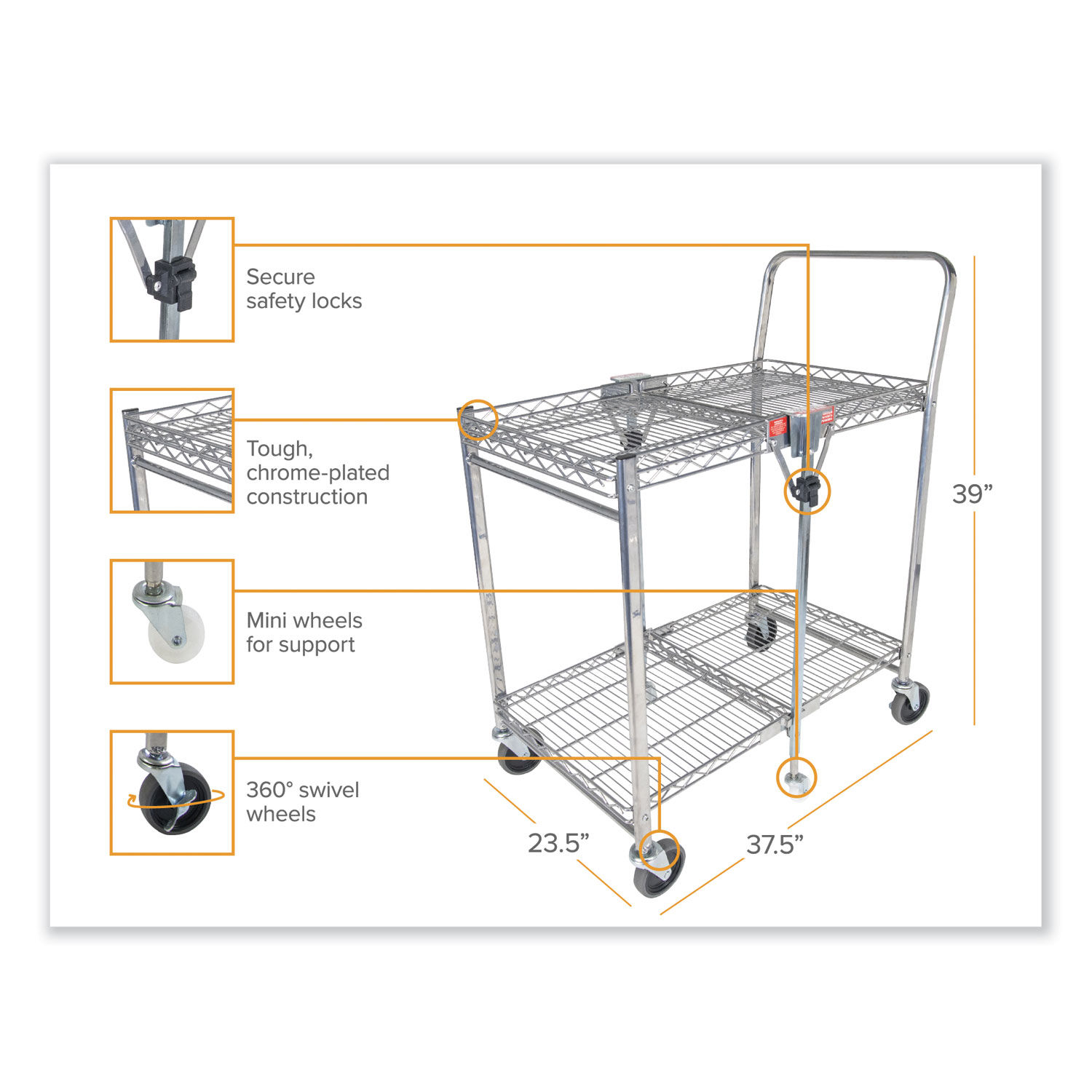 Bostitch Stowaway Folding Carts 2 Shelves 35W x 37.25d x 22H Chrome 250 lb Capacity