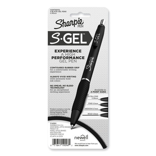 S-Gel Retractable Gel Pen Extra-Fine 0.38 mm, Black Ink, Black Barrel, Dozen