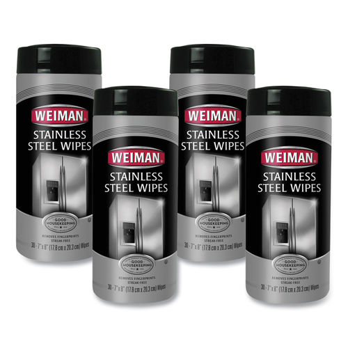 Weiman Stainless Steel Wipes - Wipe - 7 Width x 8 Length - 30 / Canister  - 4 / Carton - White