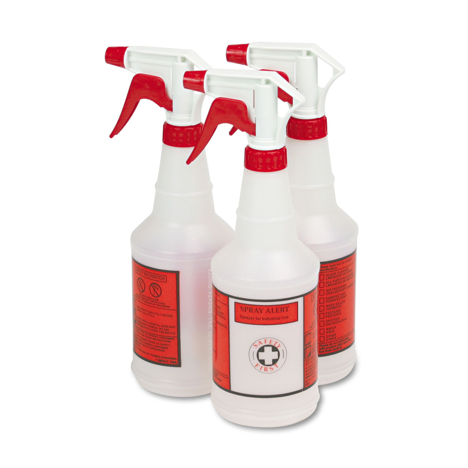 Boardwalk 32 oz. Trigger Spray Bottle, Clear/Red, HDPE, 3-Pack