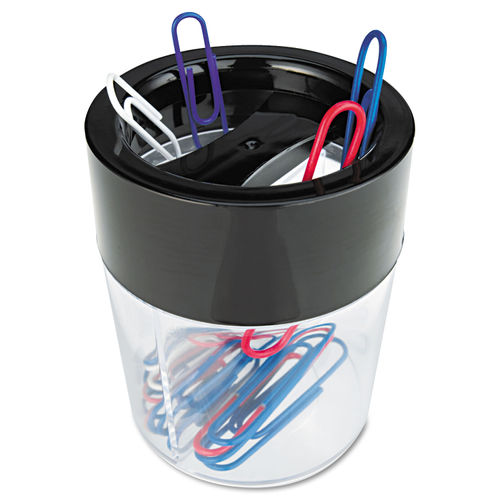 Round Magnetic Clip Dispenser, 2 Compartments, Plastic, 2.5 Diameter x  3h, Black/Clear