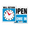 USS9382 - Double-Sided Open/Will Return Sign with Clock Hands, Plastic, 7.5 x 9