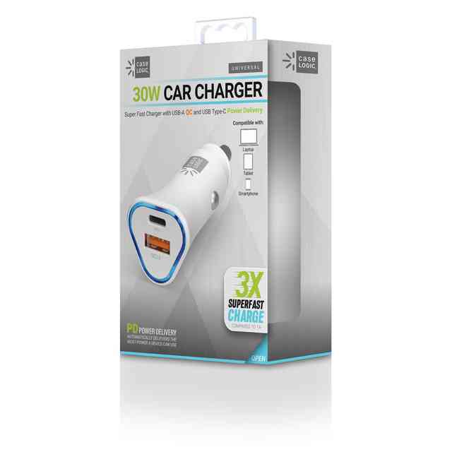 PD Car Charger, 30 W, Two 3 A Ports, White PD Car Charger, 30 W, Two 3 A Ports, White