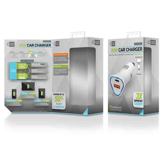 PD Car Charger, 30 W, Two 3 A Ports, White PD Car Charger, 30 W, Two 3 A Ports, White