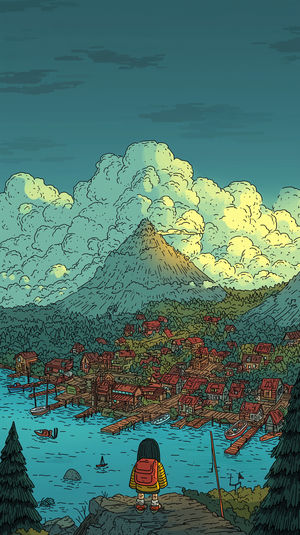 Illustrated coastal mountain village at dusk with large clouds, harbor docks, colorful houses, and a lone backpacker.