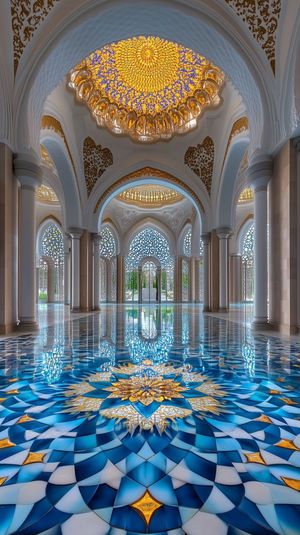Interior view of a mosque hall with golden domes, ornate arches, and a reflective blue mosaic floor pattern.
