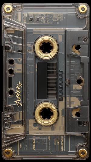 Close-up 4K view of a transparent cassette tape with gold reels, exposed circuitry and detailed plastic housing.