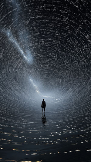 Silhouette walking on reflective water toward a swirling tunnel of code and stars in a vast data vortex.