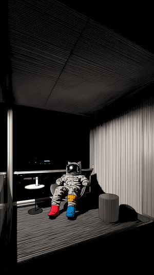 Cartoon-style astronaut in a modern lounge by a window, wearing colorful red and blue boots with minimalist line art and monochrome shading.