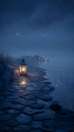 Glowing lantern on a rocky lakeshore at night with a starry sky, soft mist, distant lights and water reflections.