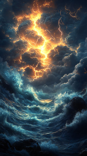 A turbulent dark ocean with crashing waves illuminated by golden lightning bolts under stormy clouds