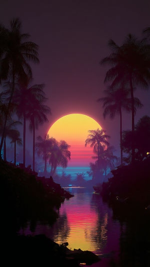 Silhouetted palm trees lining a calm river with neon pink and yellow sunset reflecting on the water.