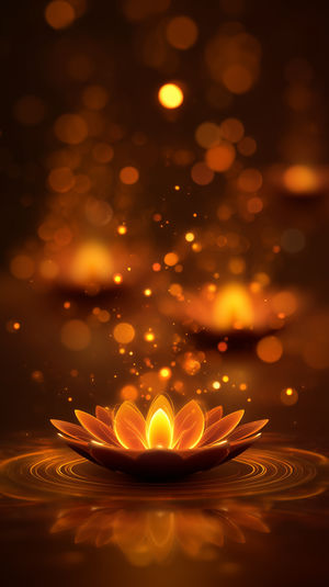 A glowing golden lotus-shaped lantern floats on reflective water with shimmering bokeh lights in warm amber tones.