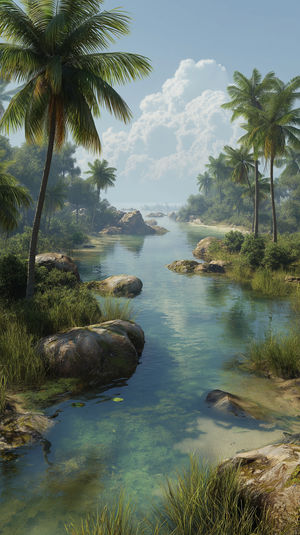 A crystal-clear tropical river flows between palm trees and mossy rocks under a bright sky filled with fluffy clouds.