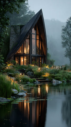 A warm-lit A-frame cabin nestled by a mist-shrouded forest pond, with glowing lights reflected on still water at dusk.
