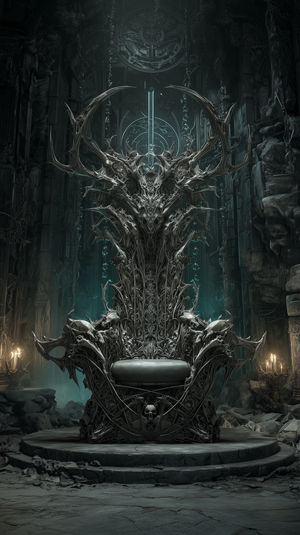 Intricate gothic throne built from twisted bones and antlers inside a ruined cathedral, lit by eerie teal candles.