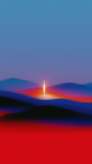 Minimalist vertical 4K wallpaper of a glowing rocket launching above layered gradient hills in vivid red and blue hues.
