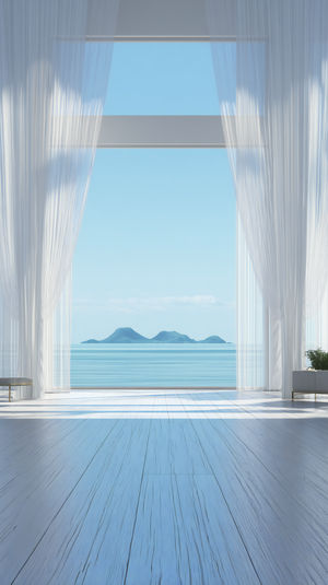 Minimalist interior with sheer white curtains overlooking a calm ocean and distant islands, sunlit wooden floor