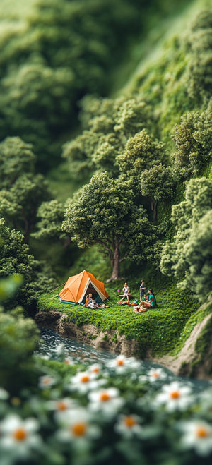 An orange tent pitched on a grassy riverbank amid tall green trees, with people enjoying a picnic by flowing water.