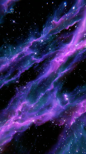 Vertical 4K space scene of a vivid purple nebula with glowing cosmic clouds and scattered stars across deep black space.