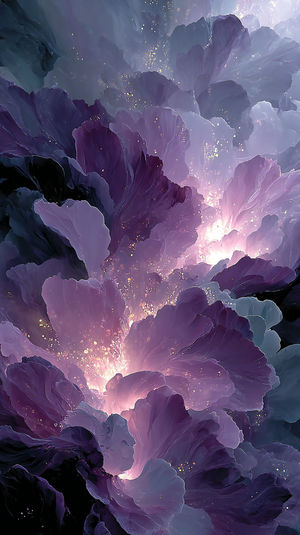 A glowing abstract floral fractal in deep purple and blue hues with luminous petals and golden light accents.