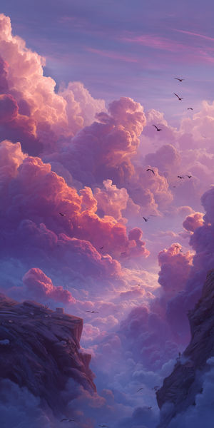 Vast pink and purple cloudscape at sunset with golden highlights, cliffs below and birds soaring through light.