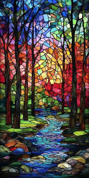 Colorful stained-glass style forest with tall trees, glowing mosaic sunset and a reflective stream winding over rocks.