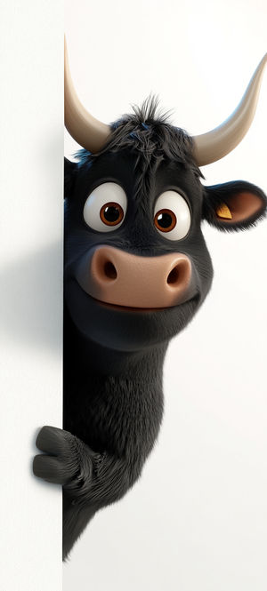 Close-up of a cartoon black bull with big horns peeking around a white board edge, smiling wide-eyed.
