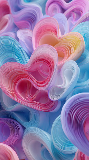 Close-up of layered paper-like heart shapes with soft pastel swirls in pink, blue, purple and yellow — dreamy abstract texture.