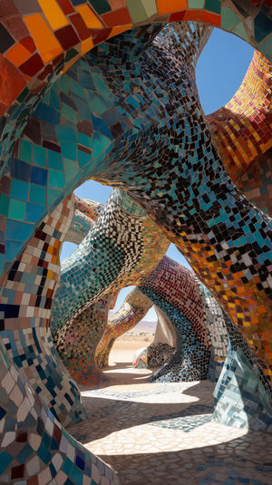 Looking up through a colorful mosaic tunnel of tiled arches opening to a sunlit desert and clear blue sky.