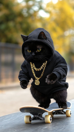 A black cat in a hoodie and gold chains skateboarding on a ramp amidst blurred autumn trees.