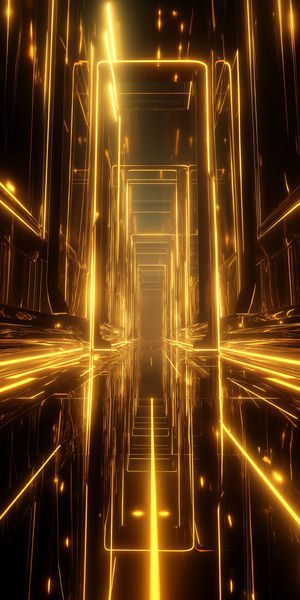 Glowing golden neon corridor with mirrored floor, repeating portals and vertical light beams in a sci-fi scene.