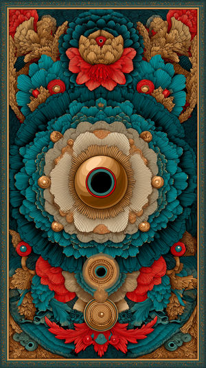 Abstract mandala wallpaper with teal, red, and gold floral patterns in an intricate symmetrical arrangement.