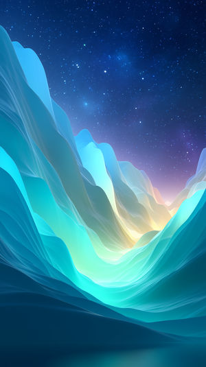 Vibrant abstract waves in turquoise and teal forming mountain-like shapes under a starry night sky in digital art style.
