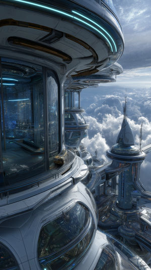 A futuristic sky city among clouds with sleek glass towers, neon lights, and floating sky bridges in a high-tech design