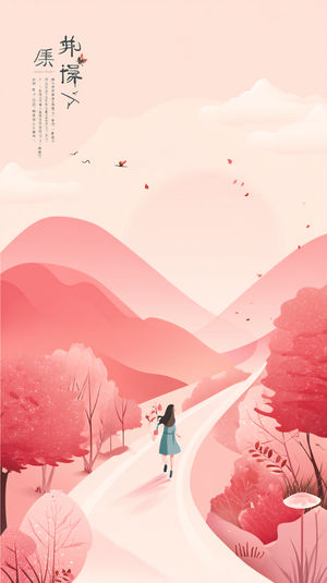 Illustration of a girl walking along a winding path through pastel pink hills and blossoming trees under a sunrise sky.