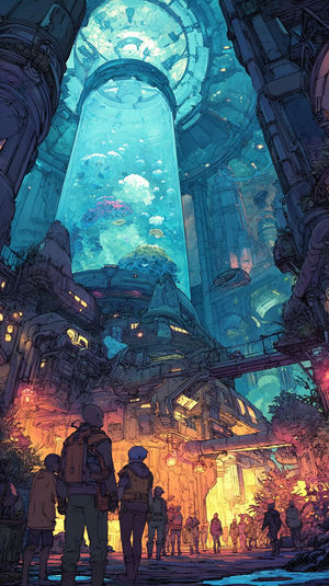 People explore a massive neon-lit underwater research facility with towering cylindrical tanks and glowing coral