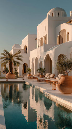 Sunlit white Mediterranean resort with arched architecture, lounge chairs and palm trees reflected in a calm pool