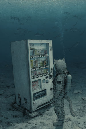 Cat astronaut in a spacesuit stands on the seabed examining a vending machine stocked with drinks, fish swimming overhead.