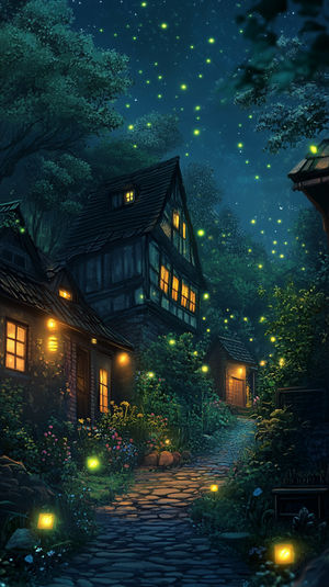 A moonlit stone path leading to a glowing forest cottage surrounded by trees and floating fireflies in the night.