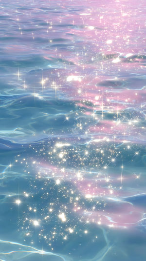 Close-up of shimmering pastel water surface with pink and blue hues, glittering with radiant star-like sparkles on gentle waves.