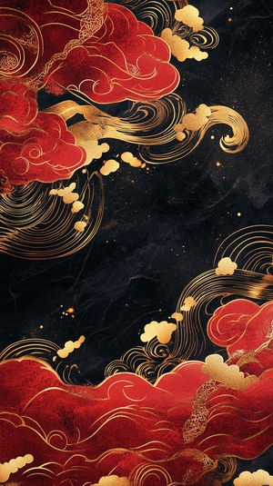 Abstract red and gold swirling cloud waves on a dark textured background for a luxurious oriental wallpaper design.