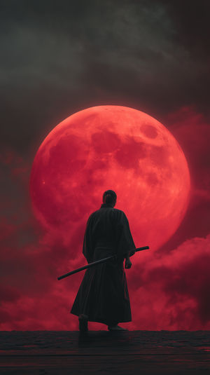 Silhouette of a samurai holding a katana standing on dark ground with a giant red moon and crimson clouds overhead.