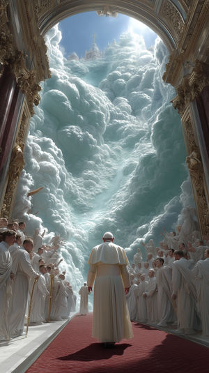 A pontiff walks on a red carpet through an ornate cathedral toward swirling cyan clouds opening to a heavenly city.
