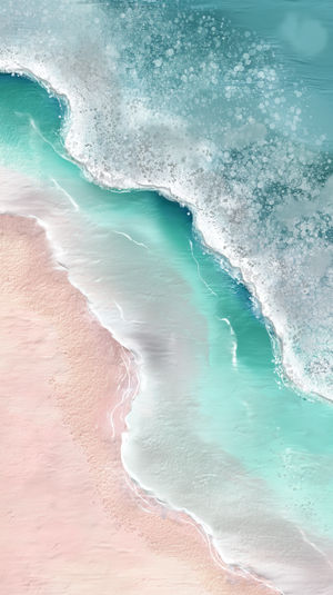 Aerial view of pastel turquoise ocean waves rolling onto a soft pink sandy beach with white foam patterns.