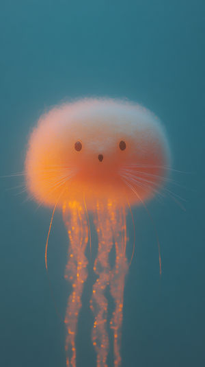 Bioluminescent jellyfish with a fluffy, glowing bell and luminous tentacles drifting gently in a deep blue sea.