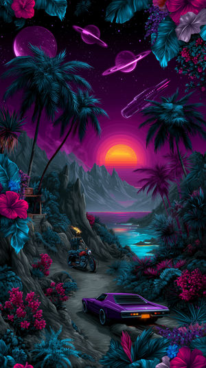 Neon Tropical Sunset Ride - Download HD iPhone Lock Screen Wallpaper