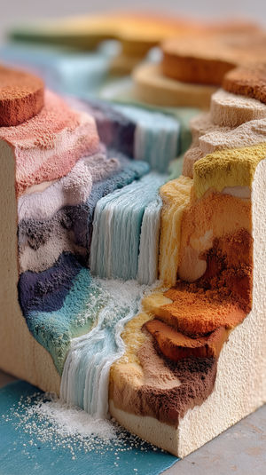 3D-rendered abstract waterfall sculpture made of layered pastel-colored powders cascading over geometric terrain blocks