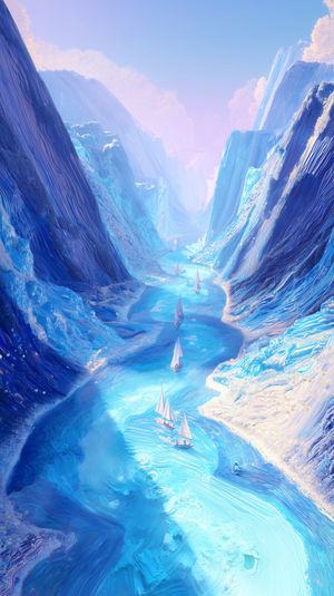 Aerial view of sailboats drifting along a glowing turquoise river through towering icy-blue canyon walls.
